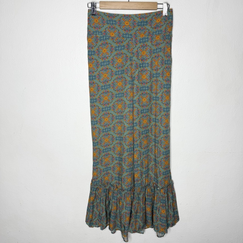 Natural Life Gracie Flare Leg Ruffle Pants Green Floral Boho Women's Small